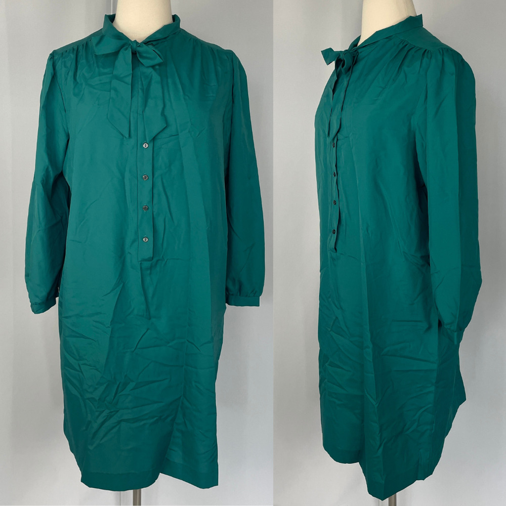 Vintage Shirt Dress Plus Size 2X Green Bow Collar Office Minimal Secretary 80s